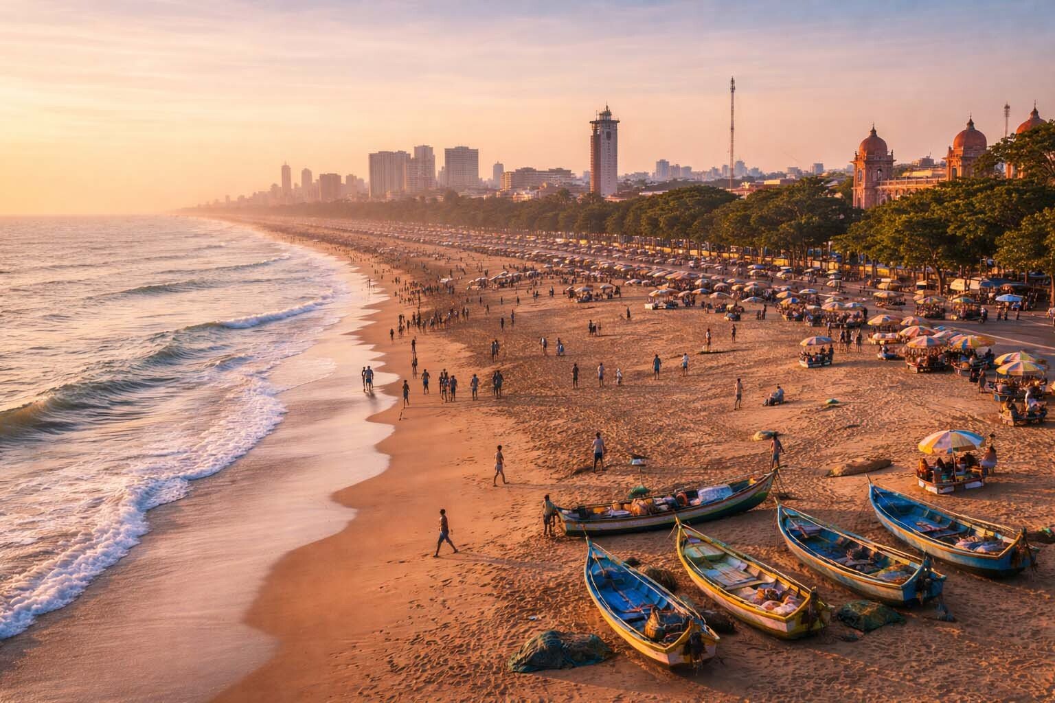 Chennai Marina Beach at golden hour with fishing boats and city skyline